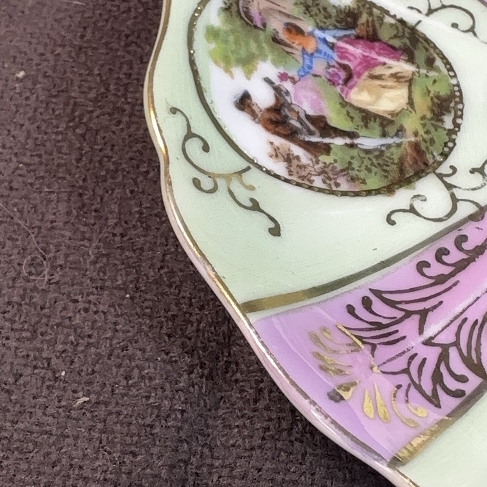Vtg Fragonard Courting Couple Tea Cup Saucer Lime Green Pink AS-IS Shabby Chic - Picture 8 of 16
